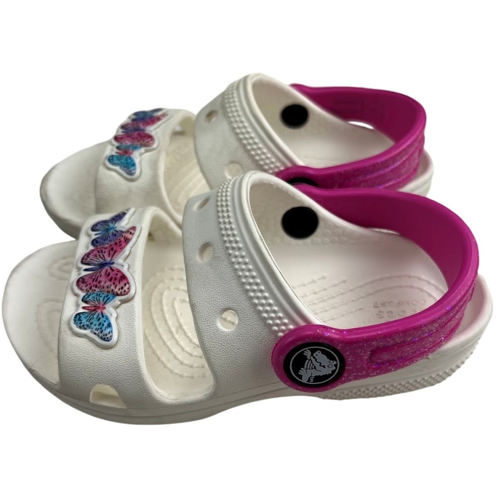 Crocs White Butterfly Sandals Girls Sz 8 Toddler Pink Purple Blue Shoes Slides